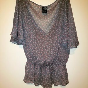 Thx Collection Boho Grey Pink Petals Sheer V-Neck Elastic Waist Size M